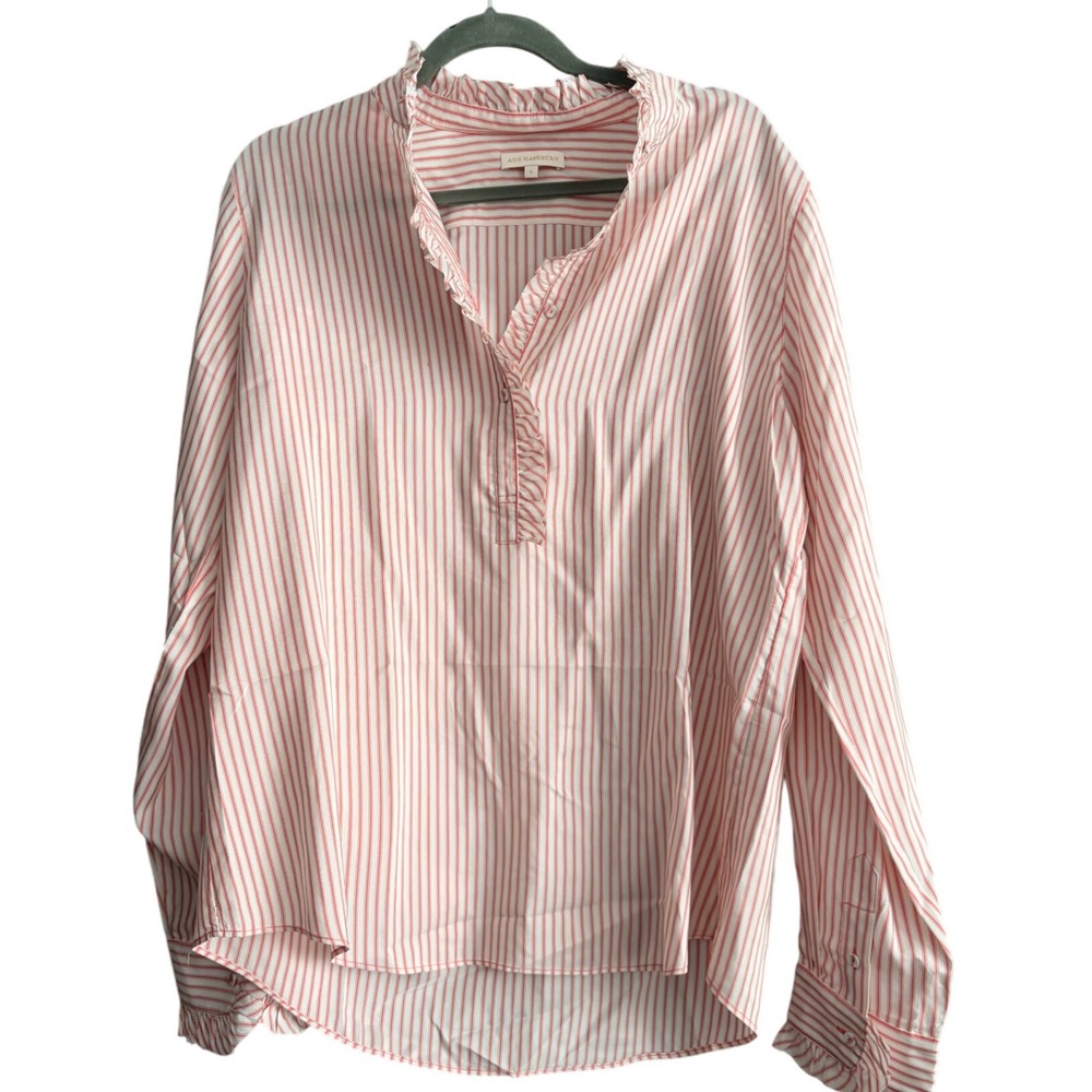 Ann Mashburn Salmon White Stripe Ruffle Collar Button Front‎ Silk Blouse